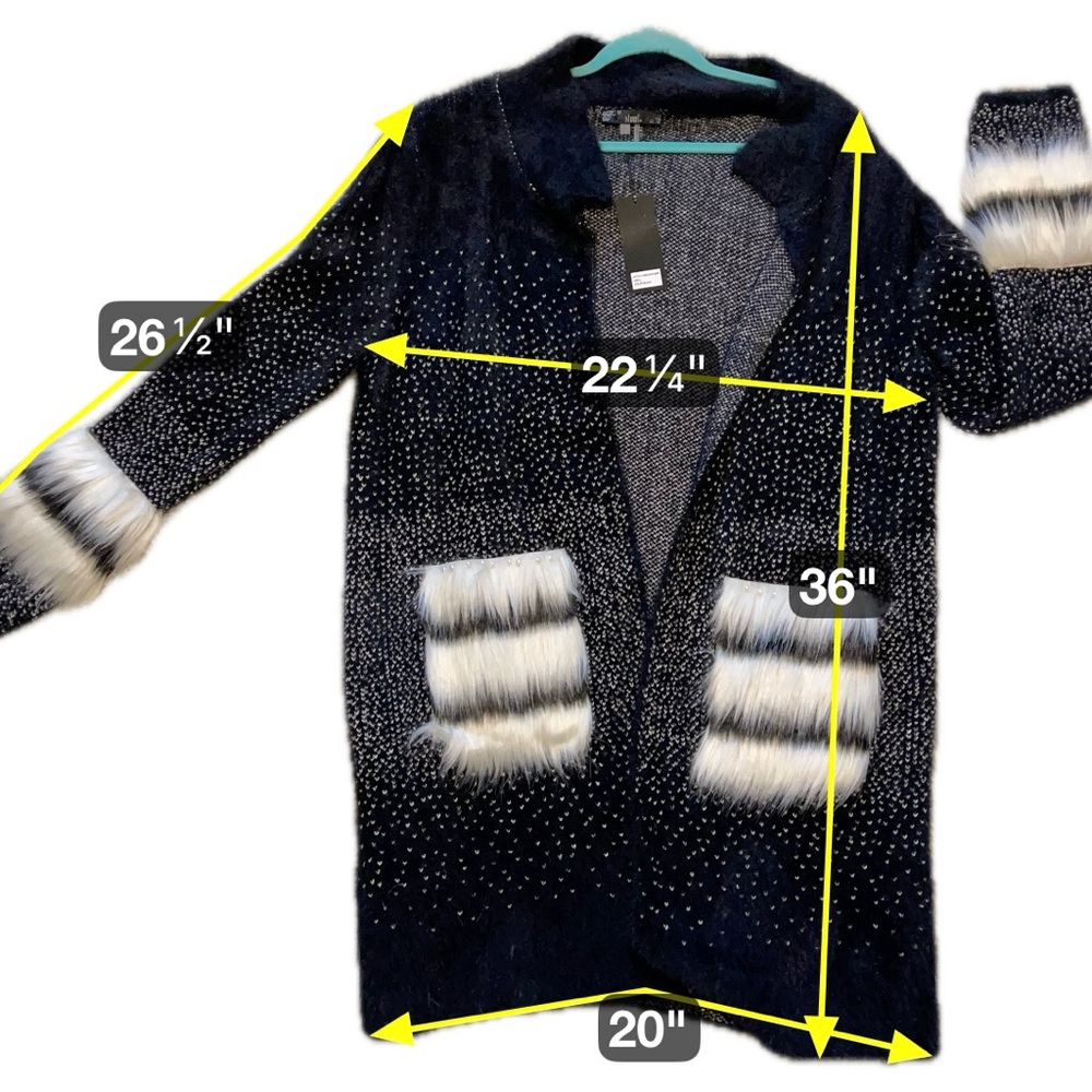 Sioni Open Front Black Cardigan Sweater White Faux Fur Fuzzy Duster Large NWT - Picture 6 of 11